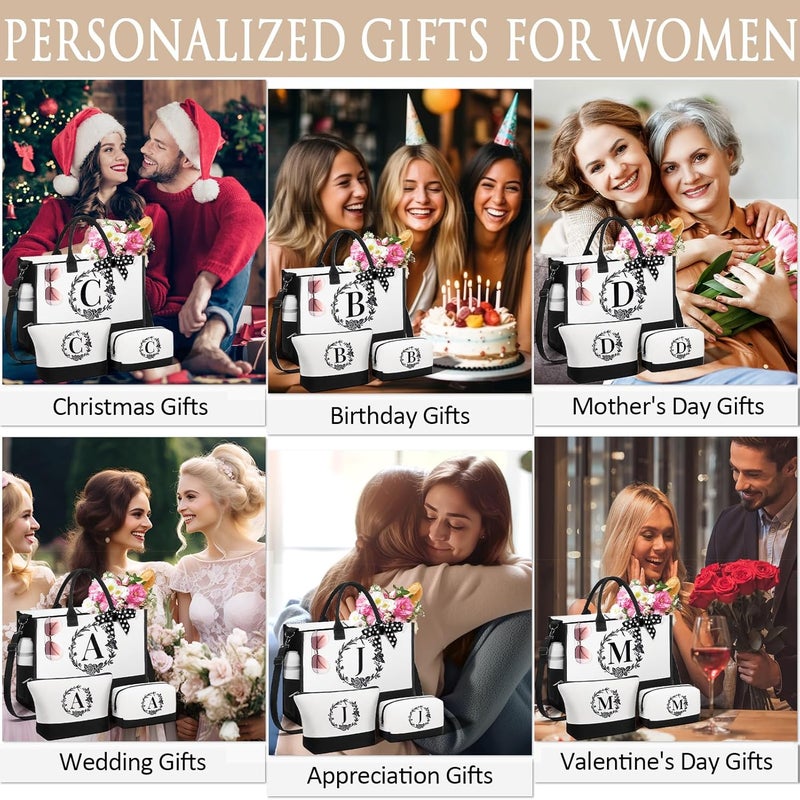 FLOE Personalized Gifts for Women, Initial Canvas Tote Bag & Makeup Bag Monogrammed Beach Tote Bags for Women w/Zipper, Valentines Day Birthday Gifts for Her Wife Girlfriend Mom Sister Best Friend Teacher - Image 5